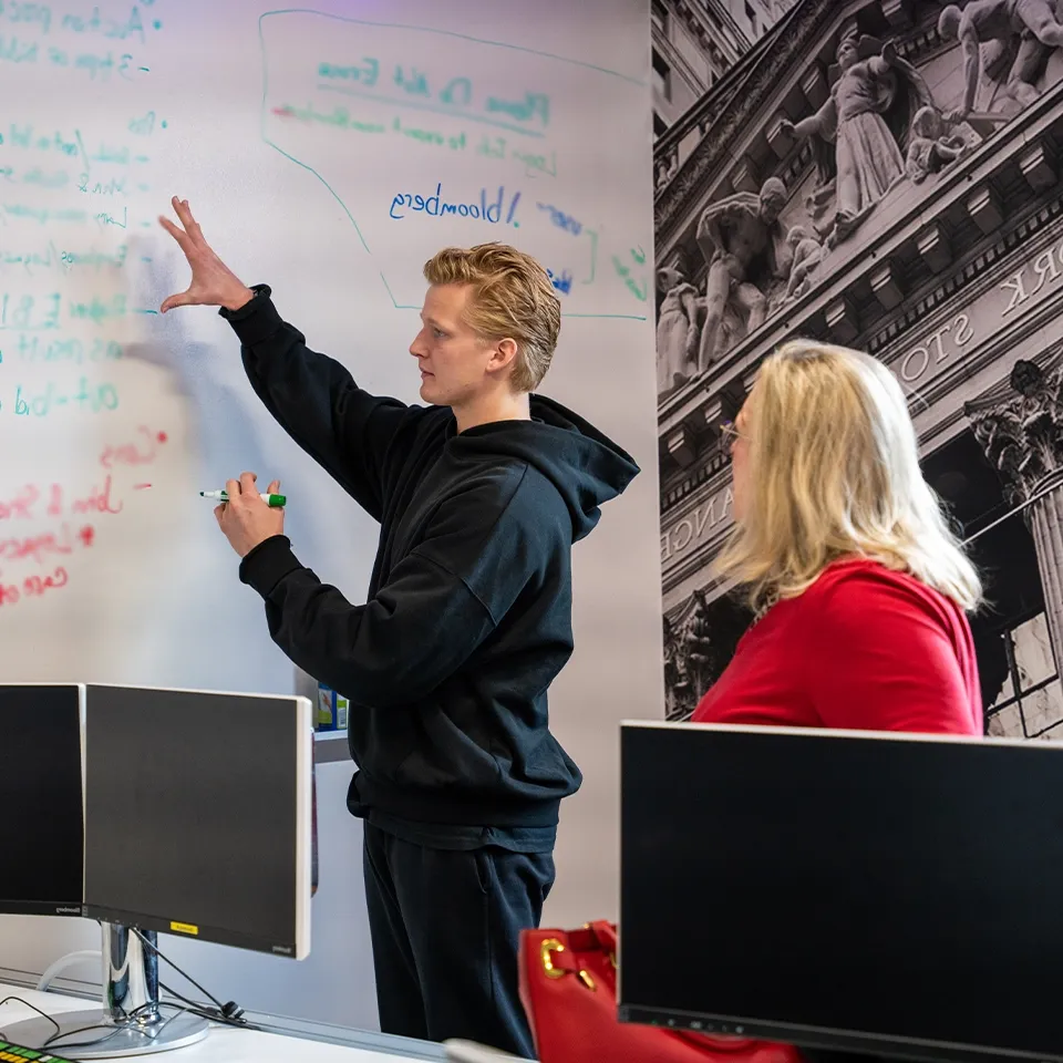 Student in a finance class in the BW Carmel Boyer School of Business